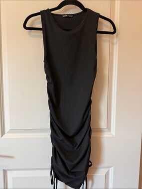 SHEIN Black Ribbed Side-Ruched Mini Tank Dress